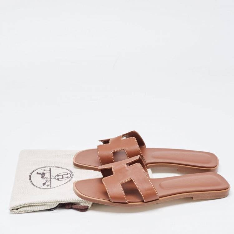 Hermes Brown Leather Oran Sandals Size 36.5