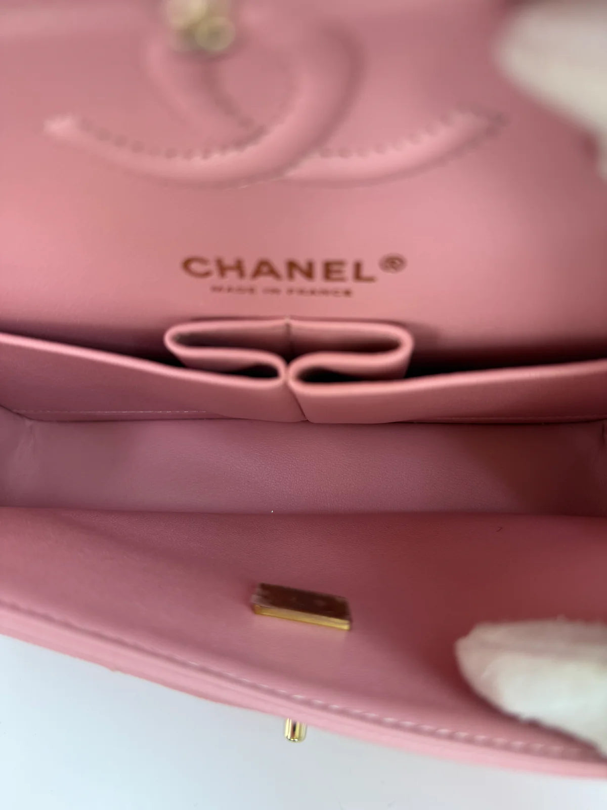 CHANEL SMALL CLASSIC DOUBLE FLAP IN PINK CAVIAR LEATHER WITH GOLD HARDWARE