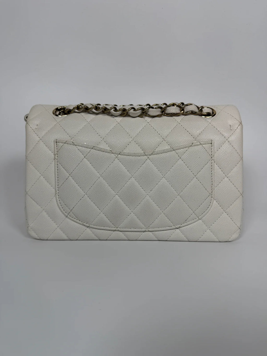 CHANEL SMALL CLASSIC DOUBLE FLAP IN WHITE CAVIAR LEATHER WITH GOLD HARDWARE