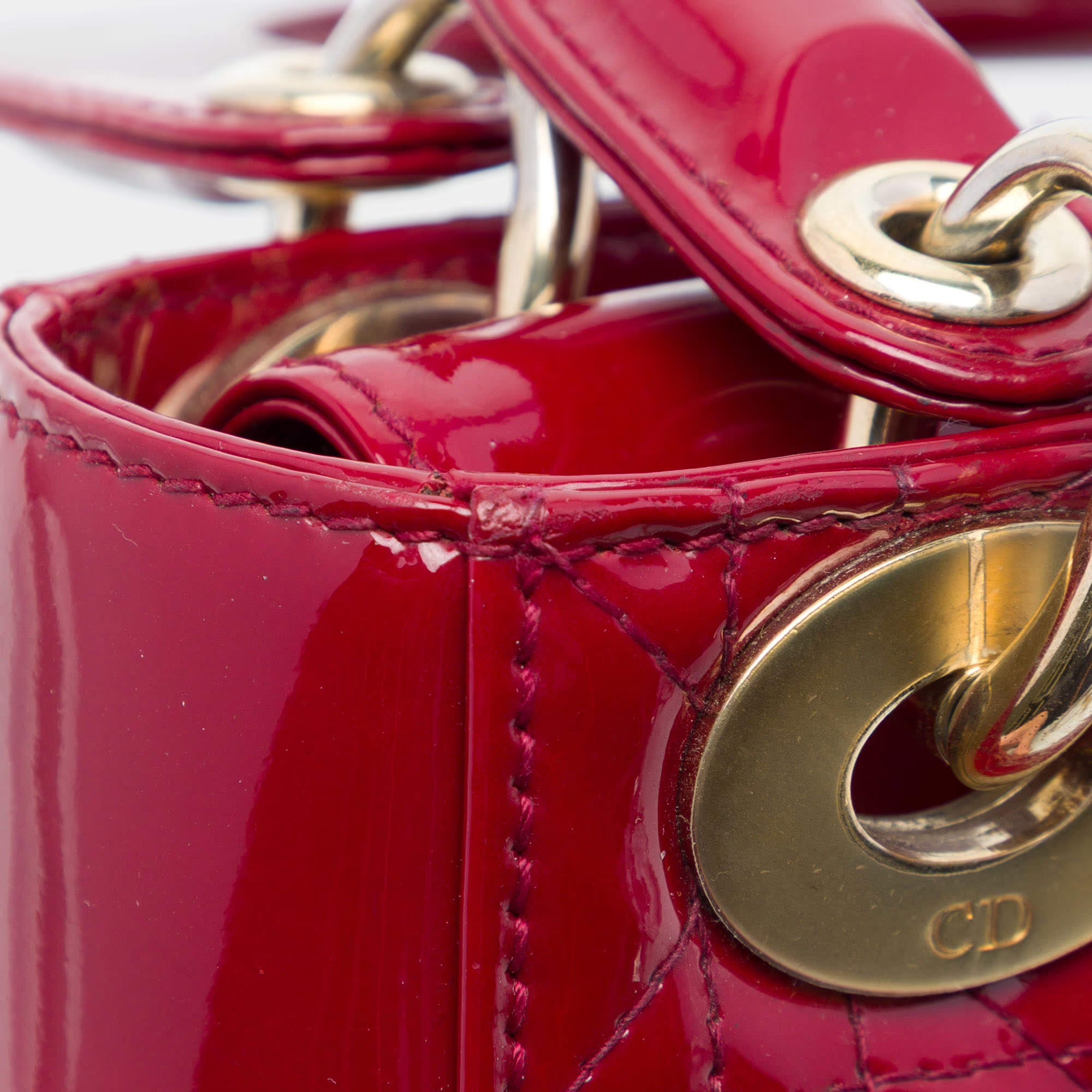 Christian Dior Mini Lady Dior Cherry Red Patent Calfskin Leather Top Handle Bag