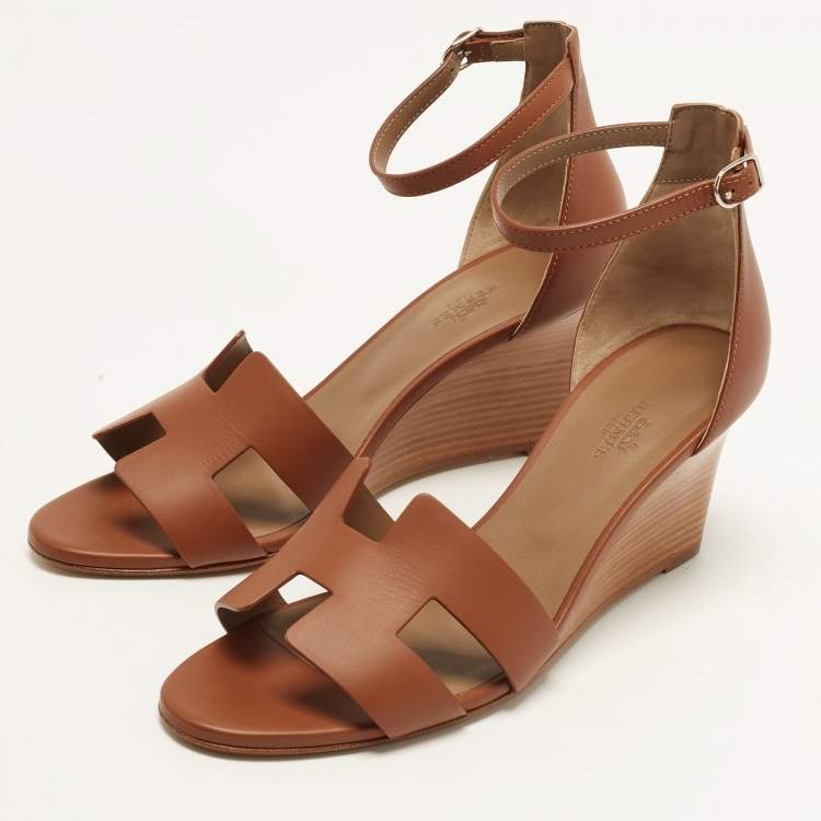 Hermes Legend Size 39.5 Brown Leather Wedge Sandals