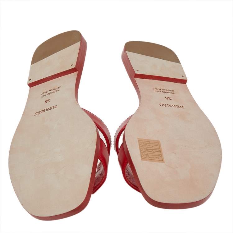 Hermes Red Leather Oran Flat Sandals Size 38