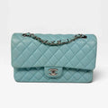 CHANEL MEDIUM DOUBLE CLASSIC FLAP LIGHT BLUE LAMBSKIN SILVER HARDWARE