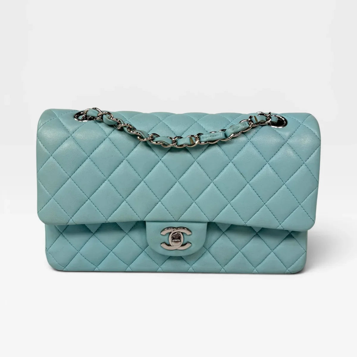 CHANEL MEDIUM DOUBLE CLASSIC FLAP LIGHT BLUE LAMBSKIN SILVER HARDWARE