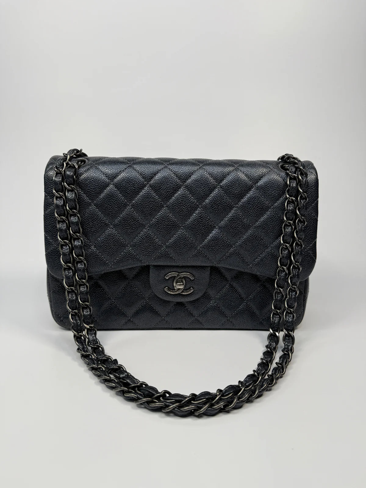 CHANEL JUMBO GUNMETAL METALLIC CALFSKIN LEATHER WITH RUTHENIUM HARDWARE