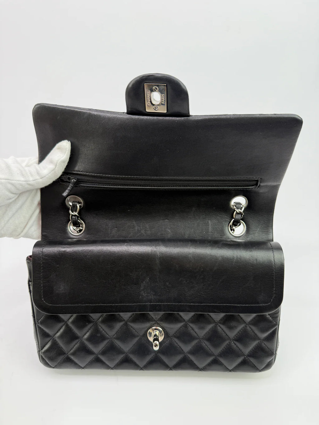 CHANEL MEDIUM CLASSIC DOUBLE FLAP BLACK LAMBSKIN WITH SILVER HARDWARE