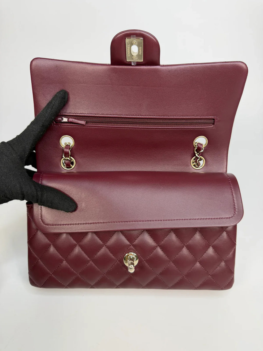CHANEL MEDIUM CLASSIC DOUBLE FLAP BURGUNDY LAMBSKIN LEATHER WITH PALE GOLD HARDWARE