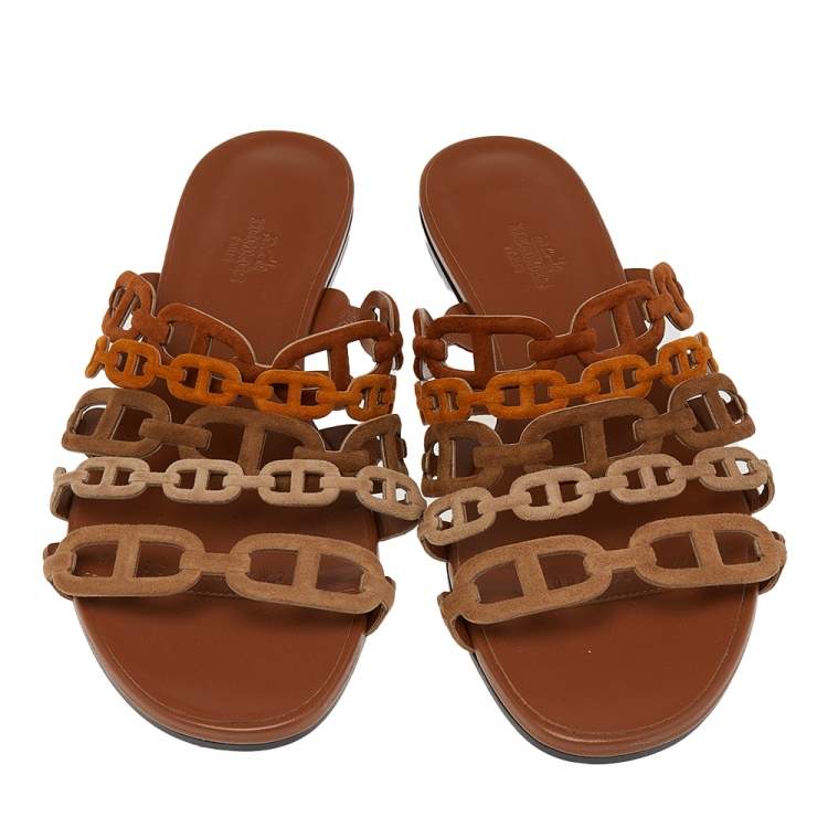 Hermes Brown Suede D'ancre Chaine Flat Slide Sandals Size 38