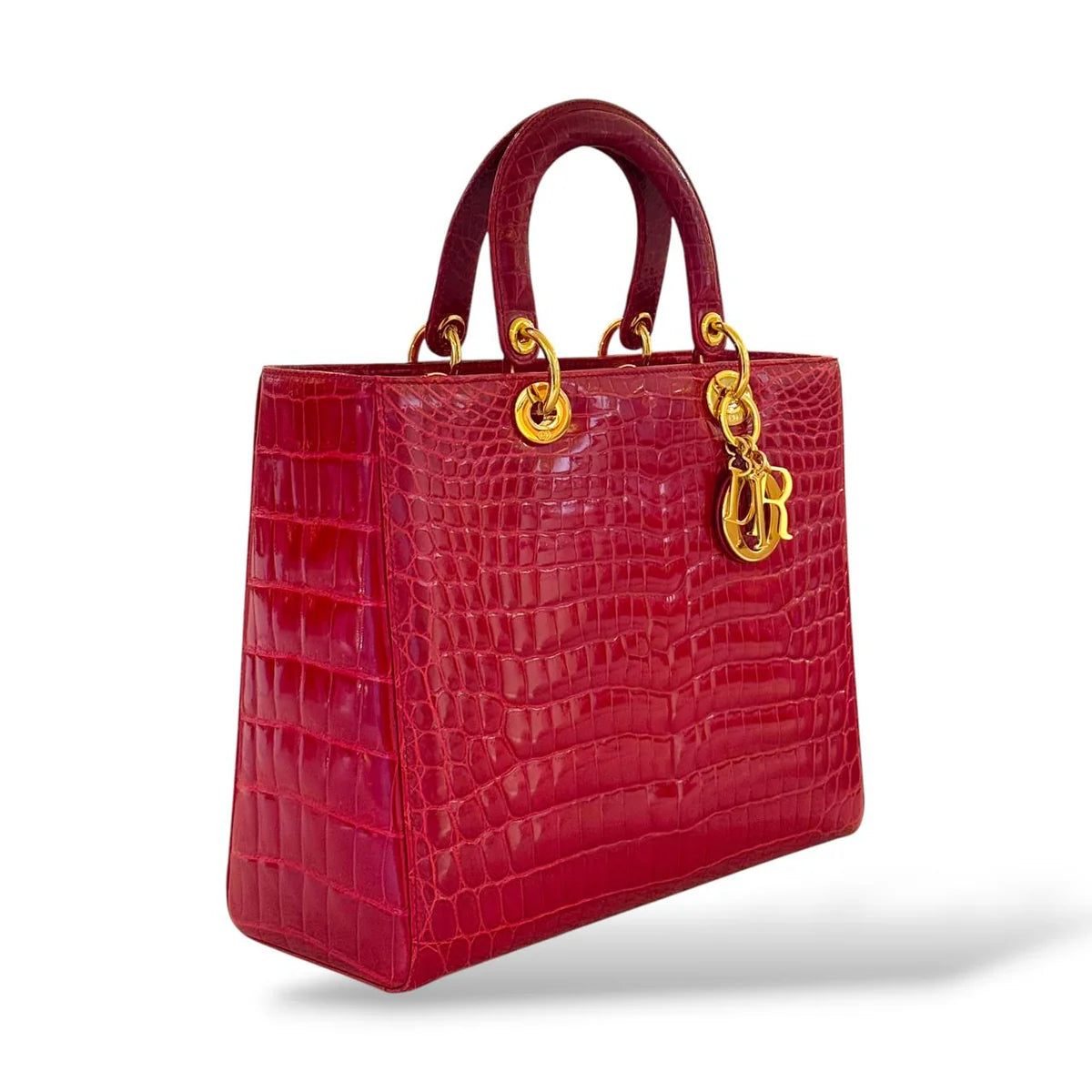 Christian Dior Red Shiny Crocodile Large Lady Dior Tote Bag