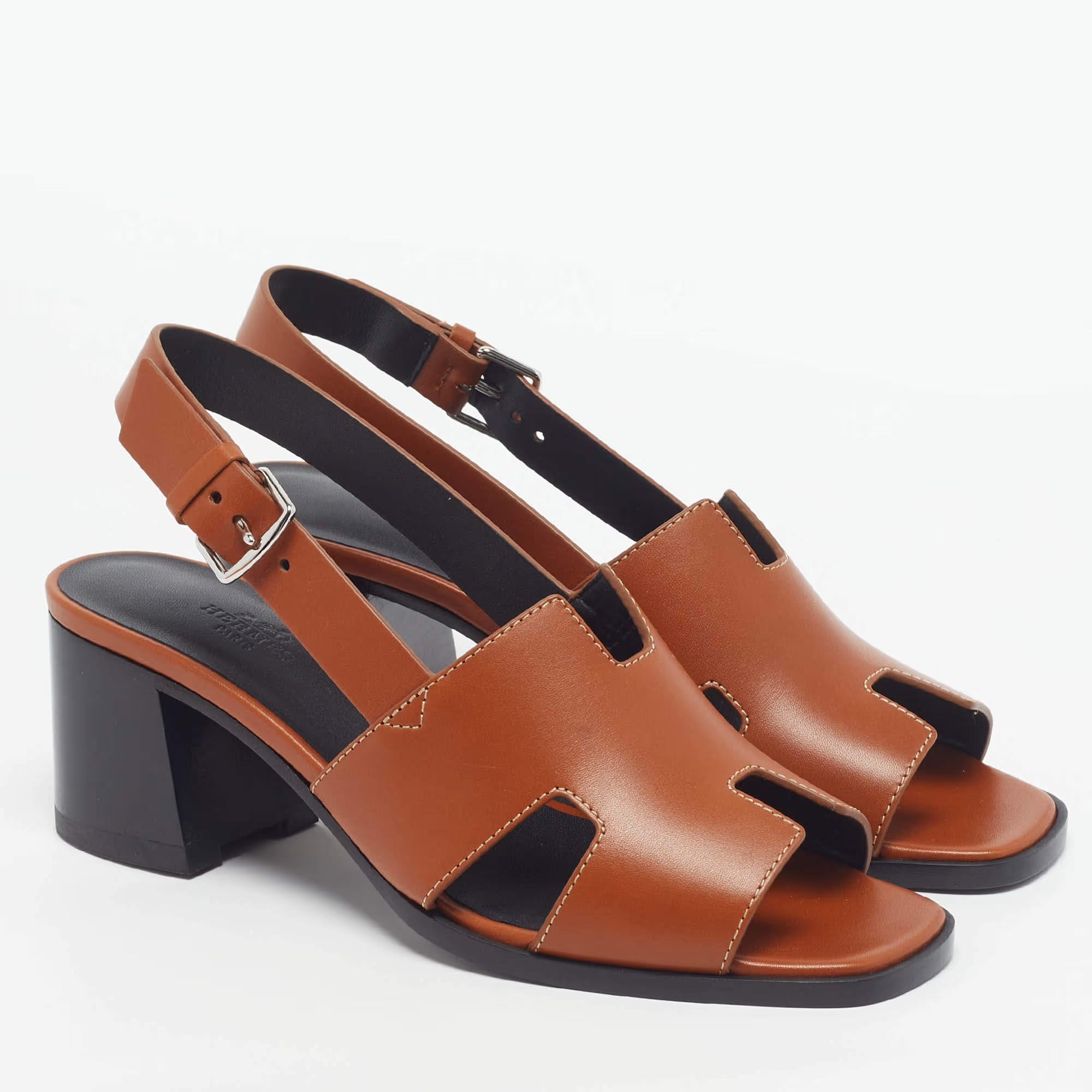 Hermès Elbe Size 39 Brown Leather Slingback Sandals