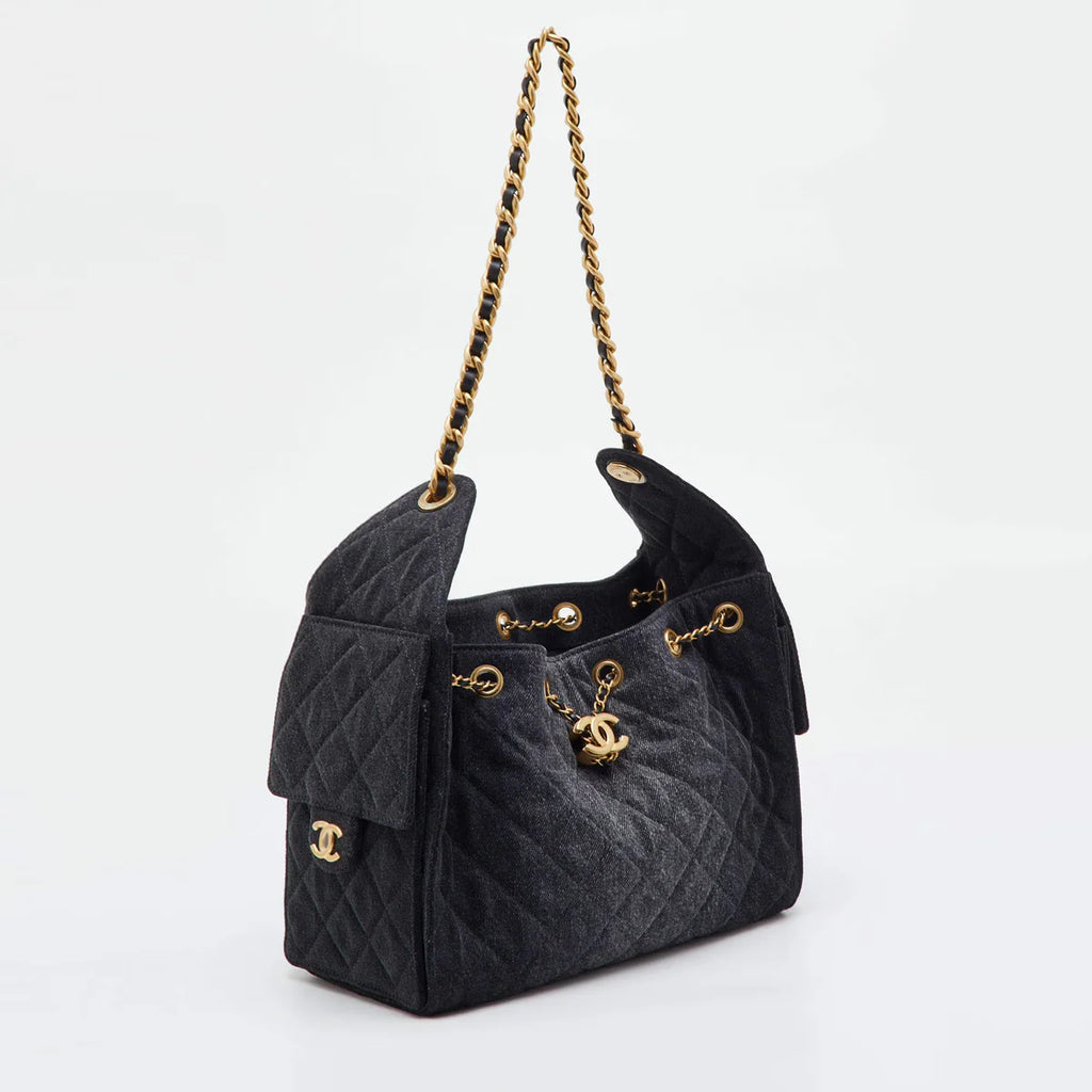 Chanel 25 Drawstring Black Quilted Denim Hobo