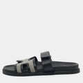 Hermes Black/White Leather and Canvas H Maxi Chypre Flat Sandals Size 39