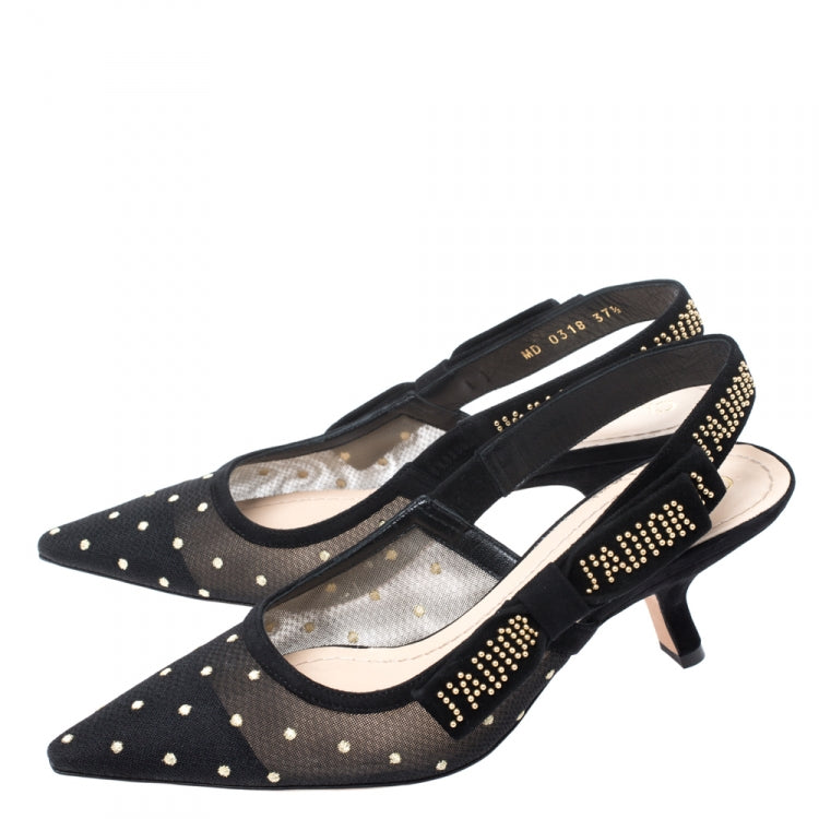Dior Black Plumetis Mesh J'adior Studded Suede Pointed Toe Slingback Sandals Size 37.5