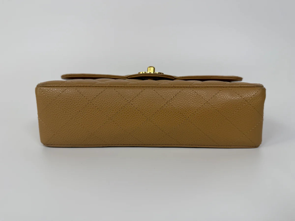 CHANEL SMALL CLASSIC DOUBLE FLAP IN BEIGE CAVIAR LEATHER WITH GOLD HARDWARE