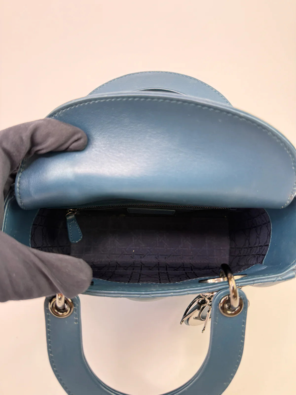 CHRISTIAN DIOR LADY DIOR SMALL BAG IN DENIM BLUE WITH SILVER HARDWARE