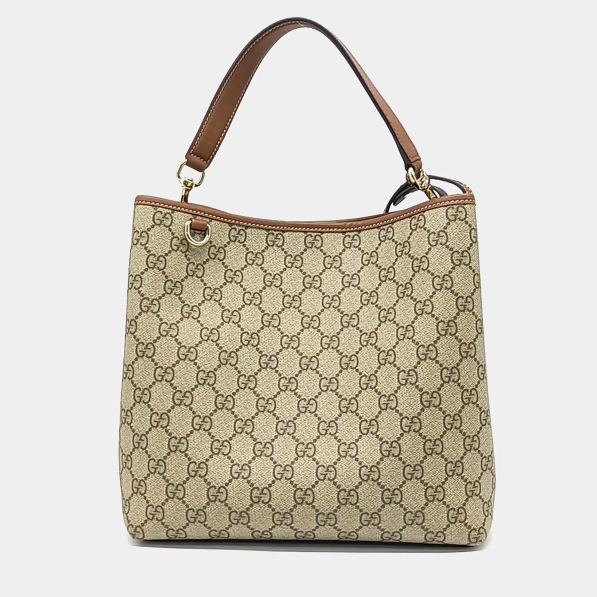 Gucci Beige Brown PVC GG Emblem Medium Bucket Bag