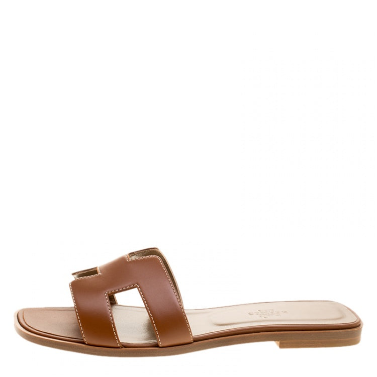 Hermes Brown Leather Oran Flat Sandals Size 39