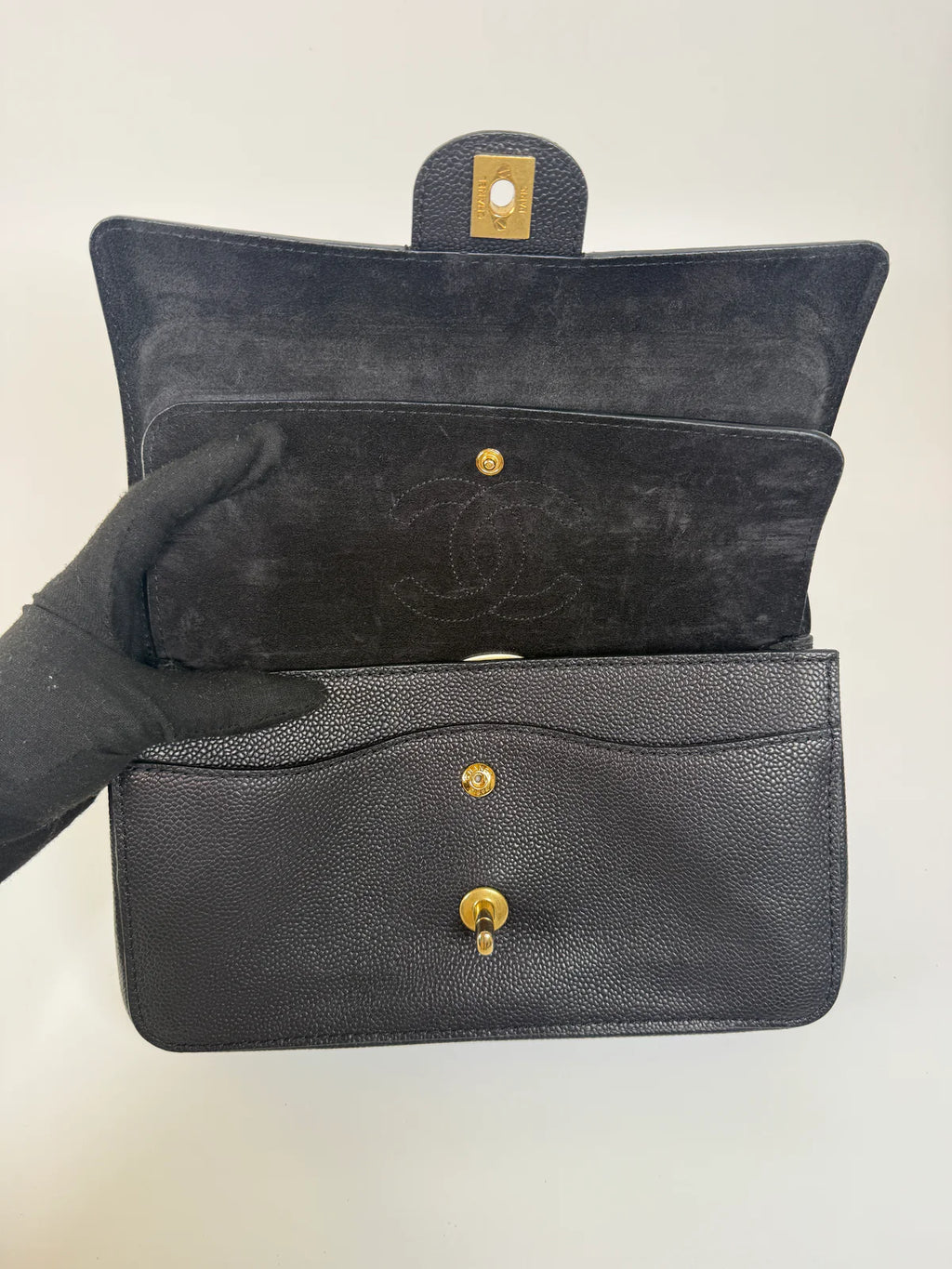 CHANEL MEDIUM PURE TIMELESS FLAP BLACK IN BLACK CAVIAR LEATHER WITH GOLD HARDWARE