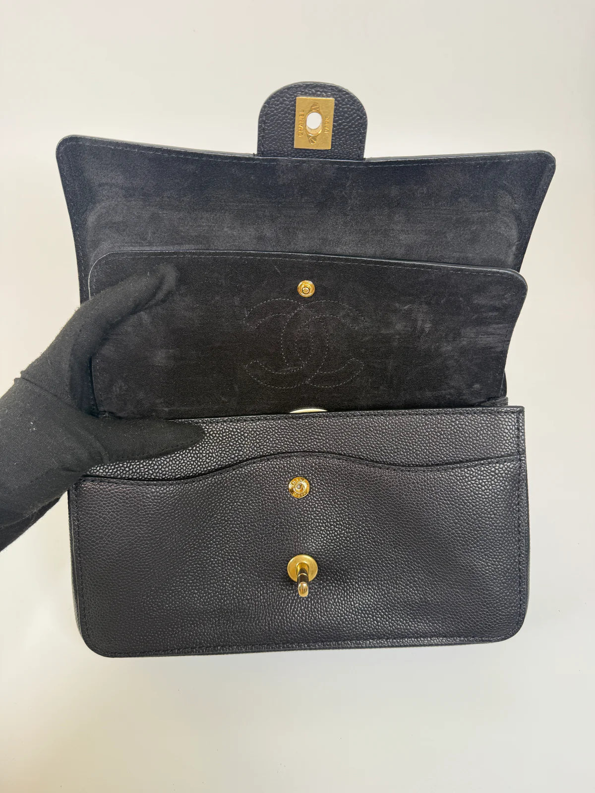 CHANEL MEDIUM PURE TIMELESS FLAP BLACK IN BLACK CAVIAR LEATHER WITH GOLD HARDWARE