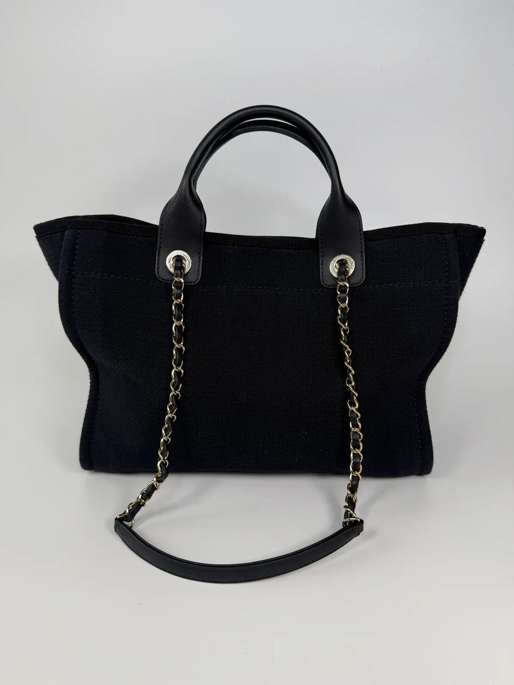 CHANEL SMALL DEAUVILLE TOTE BAG IN BLACK WITH PALE GOLD HARDWARE