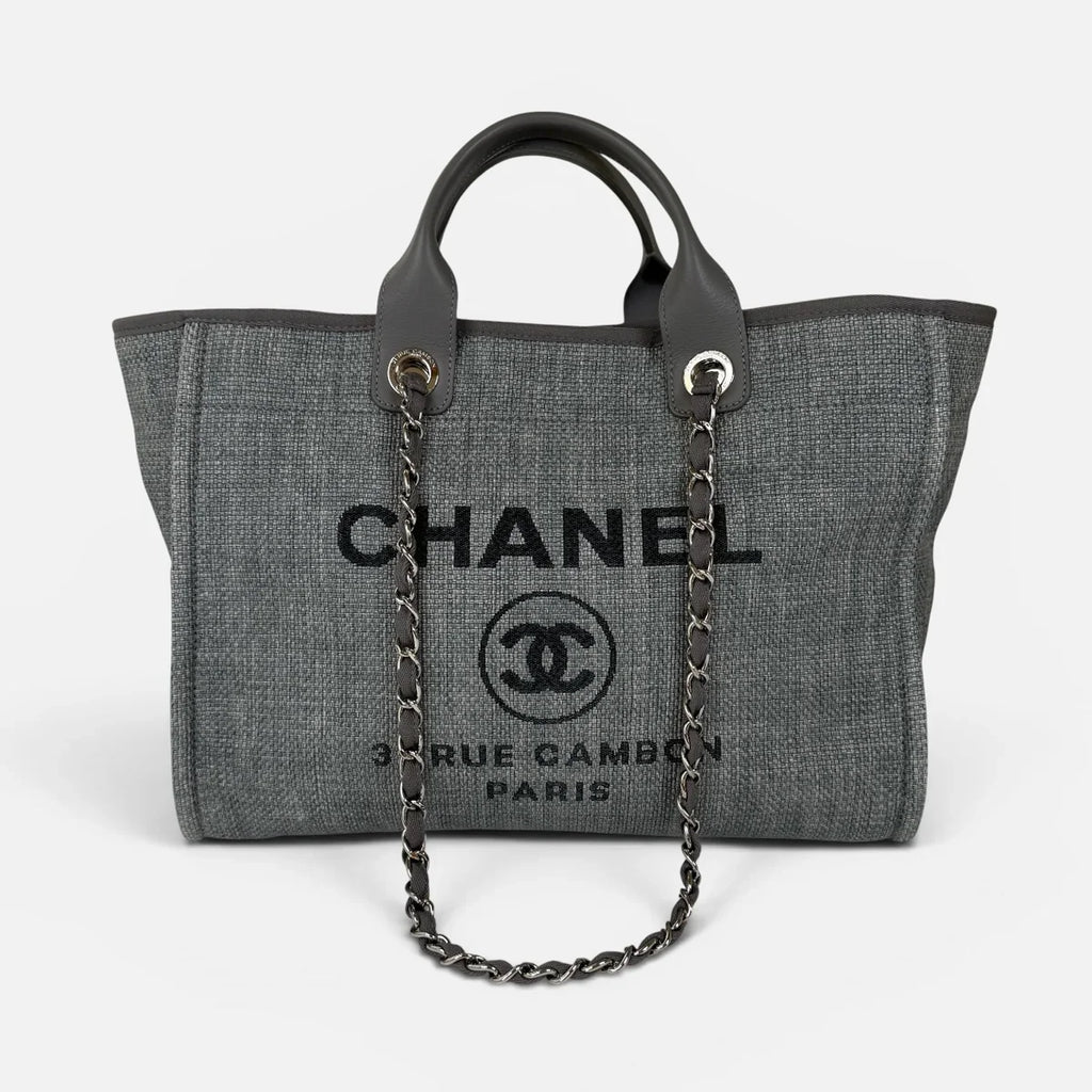 CHANEL MEDIUM DEAUVILLE TOTE BAG IN DENIM BLUE WITH SILVER HARDWARE