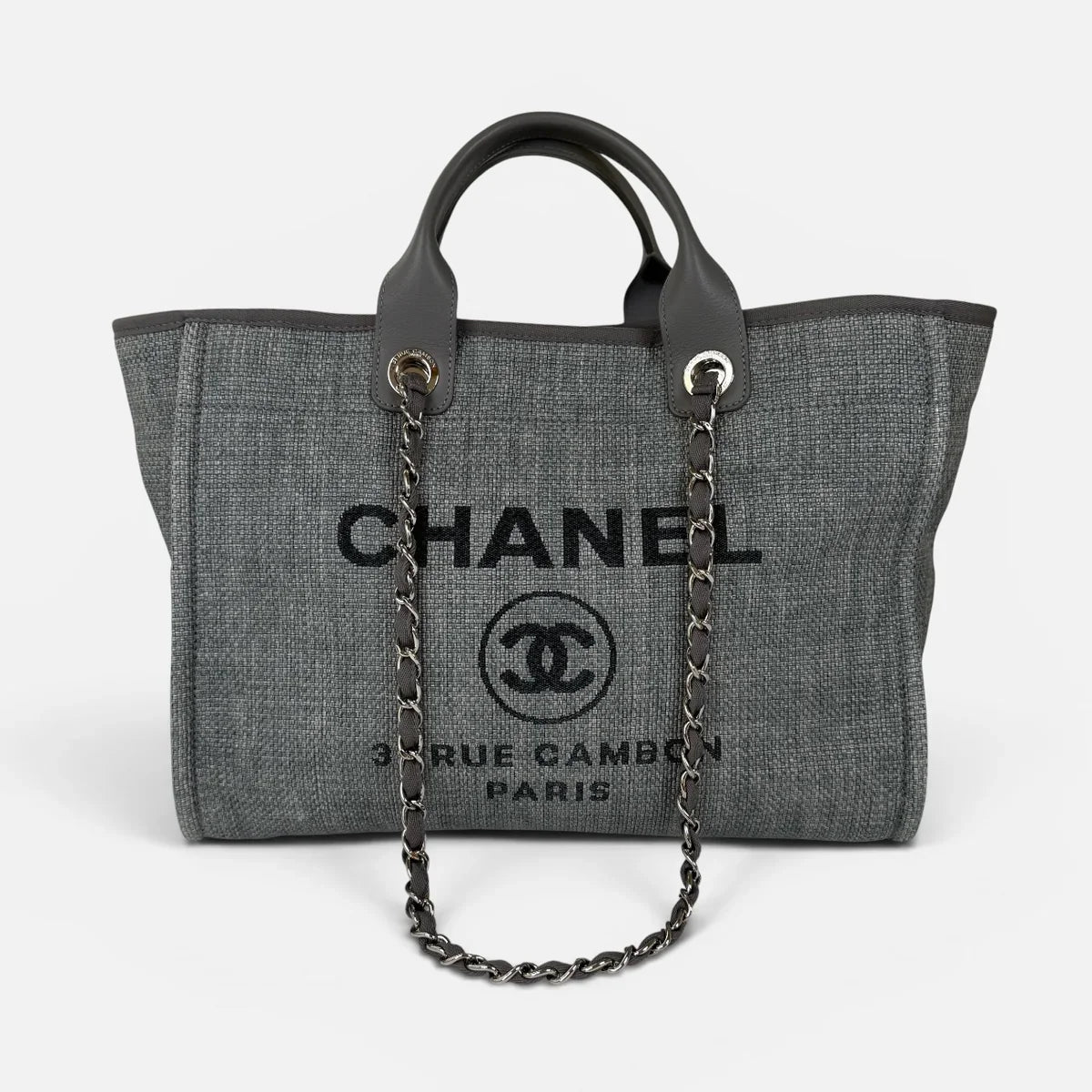 CHANEL MEDIUM DEAUVILLE TOTE BAG IN DENIM BLUE WITH SILVER HARDWARE
