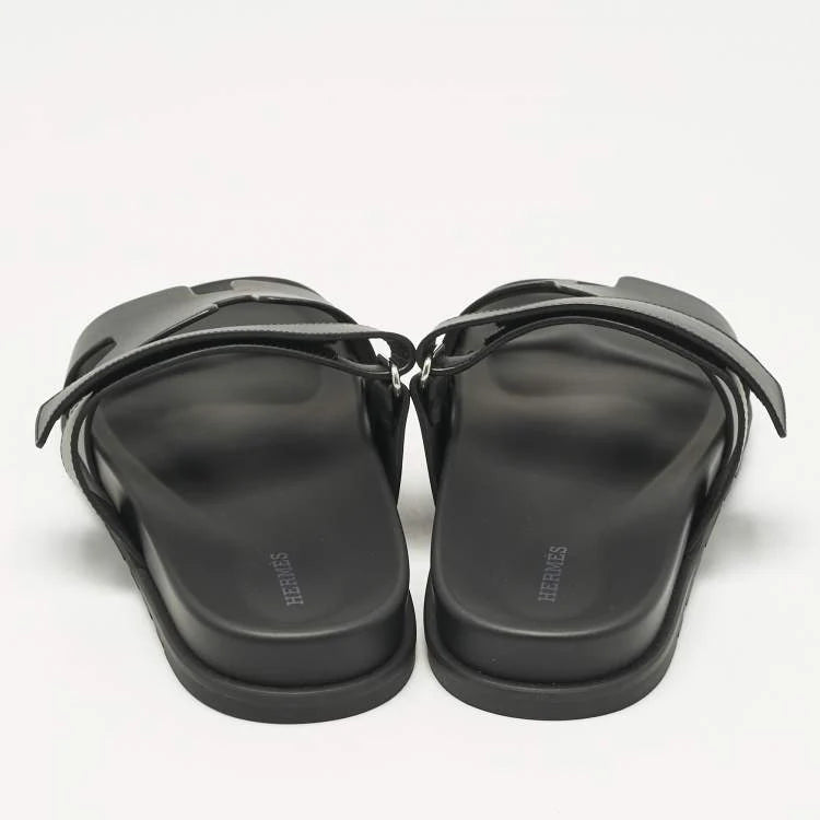 Hermès Black Leather Chypre Sandals Size 43