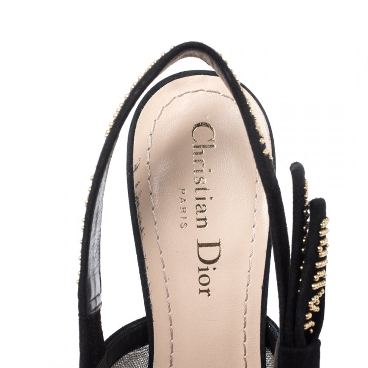 Dior Black Plumetis Mesh J'adior Studded Suede Pointed Toe Slingback Sandals Size 37.5