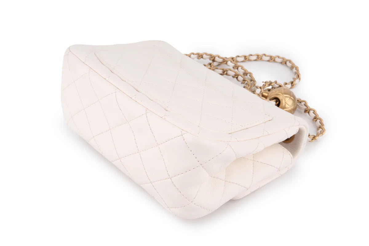 Chanel Quilted Pearl Crush Mini Square Flap Bag Lambskin White GHW
