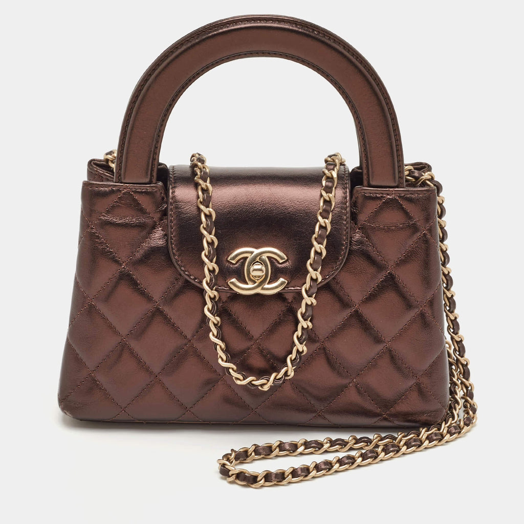 Chanel Kelly Nano Metallic Brown Quilted Leather Shoulder Bag