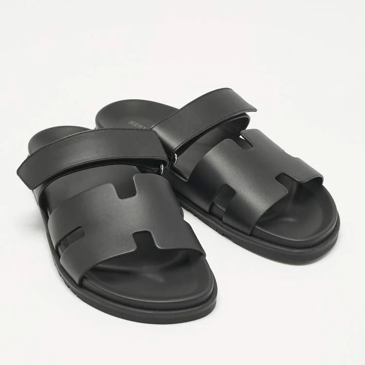 Hermès Black Leather Chypre Sandals Size 43