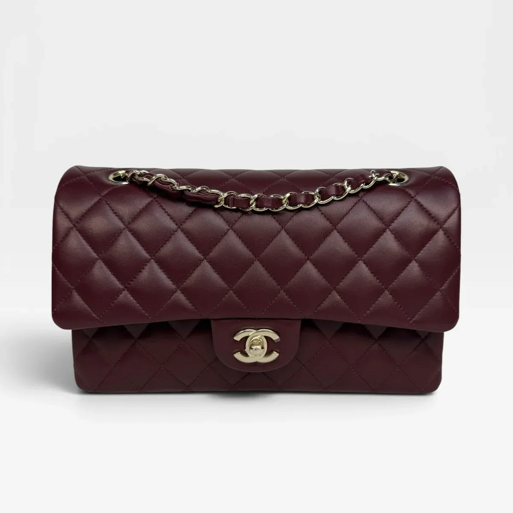 CHANEL MEDIUM CLASSIC DOUBLE FLAP BURGUNDY LAMBSKIN LEATHER WITH PALE GOLD HARDWARE