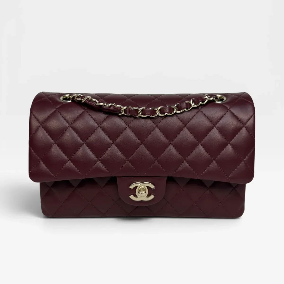CHANEL MEDIUM CLASSIC DOUBLE FLAP BURGUNDY LAMBSKIN LEATHER WITH PALE GOLD HARDWARE