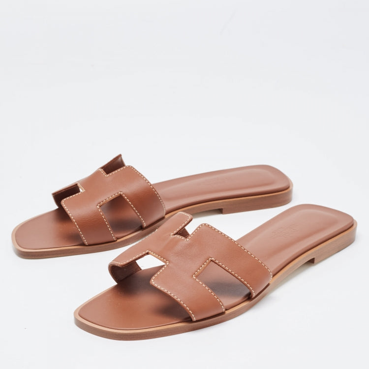 Hermes Brown Leather Oran Sandals Size 36.5