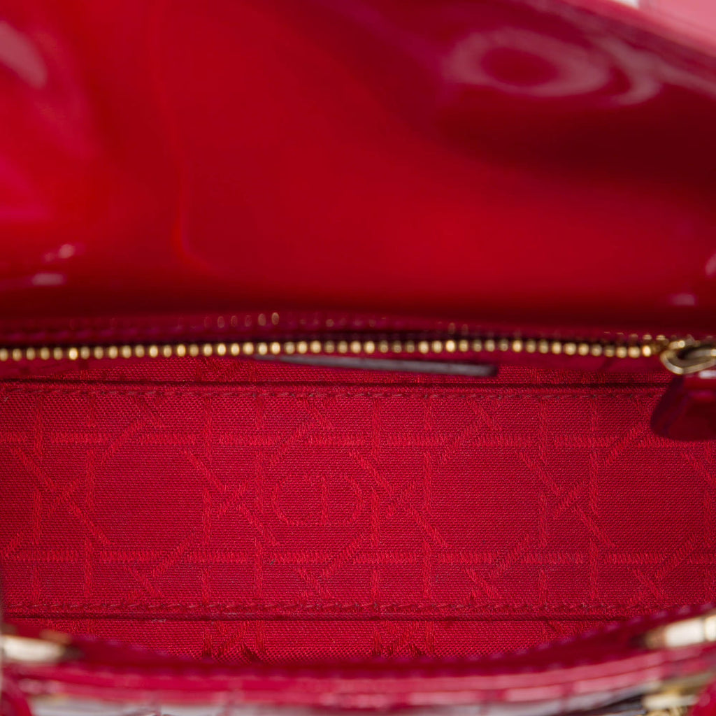 Christian Dior Mini Lady Dior Cherry Red Patent Calfskin Leather Top Handle Bag