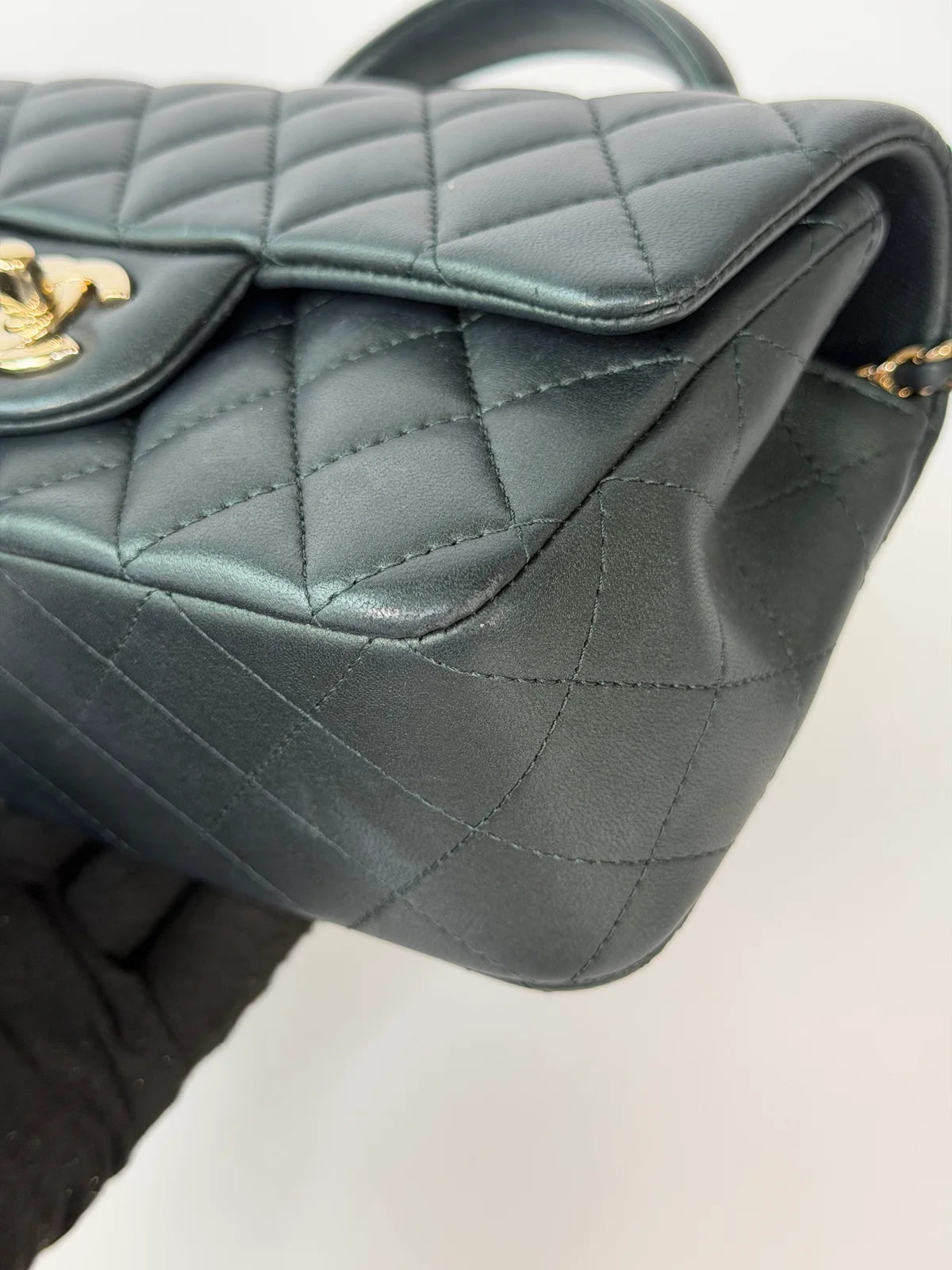 CHANEL MINI RECTANGLE TOP HANDLE IN METALLIC GREEN LAMBSKIN LEATHER GOLD HARDWARE