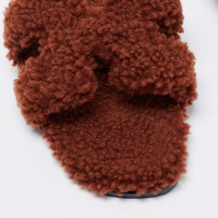Hermes Brown Shearling Oran Slide Sandals Size 38.5