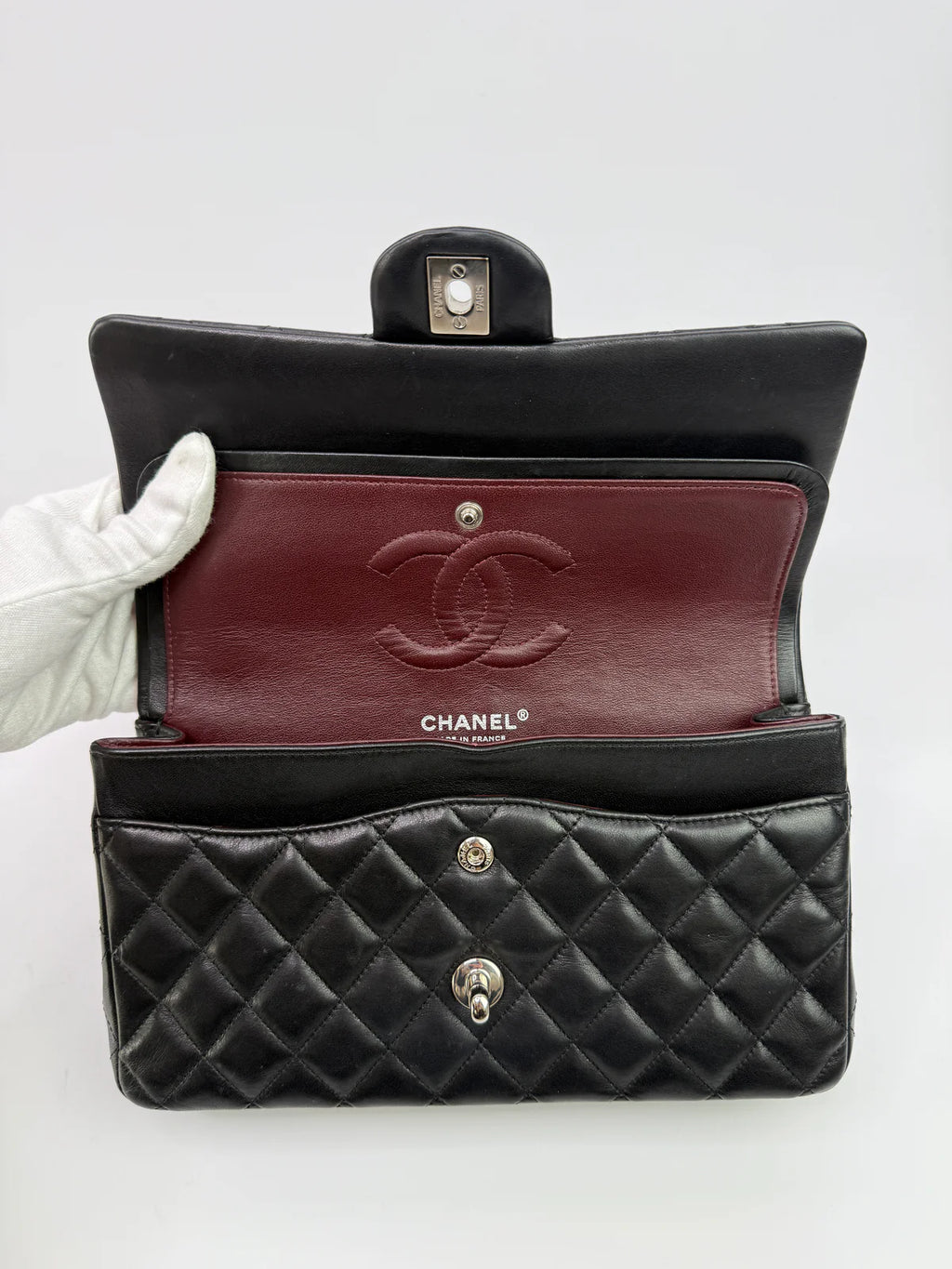 CHANEL MEDIUM CLASSIC DOUBLE FLAP BLACK LAMBSKIN WITH SILVER HARDWARE