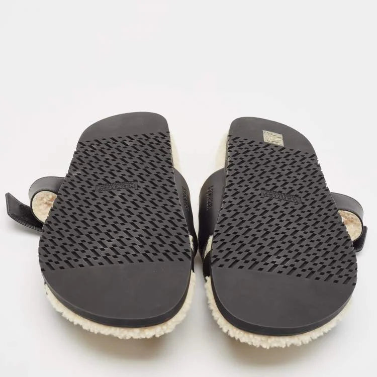 Hermes Black Leather and Shearling Fur Lined Chypre Sandals Size 45.5