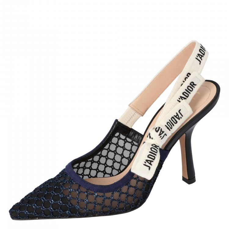 Dior Deep Blue Mesh Embroidered Ribbon J'Adior Slingback Pumps Size 38