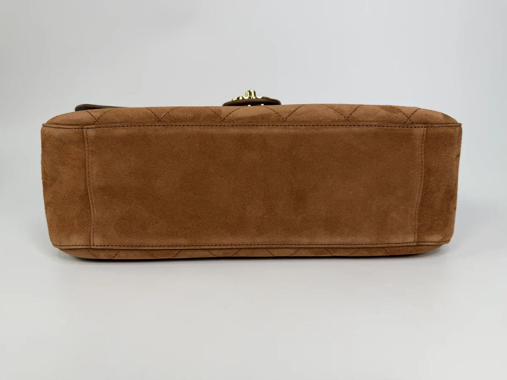 CHANEL MAXI FLAP IN TAN SUEDE WITH GOLD HARDWARE