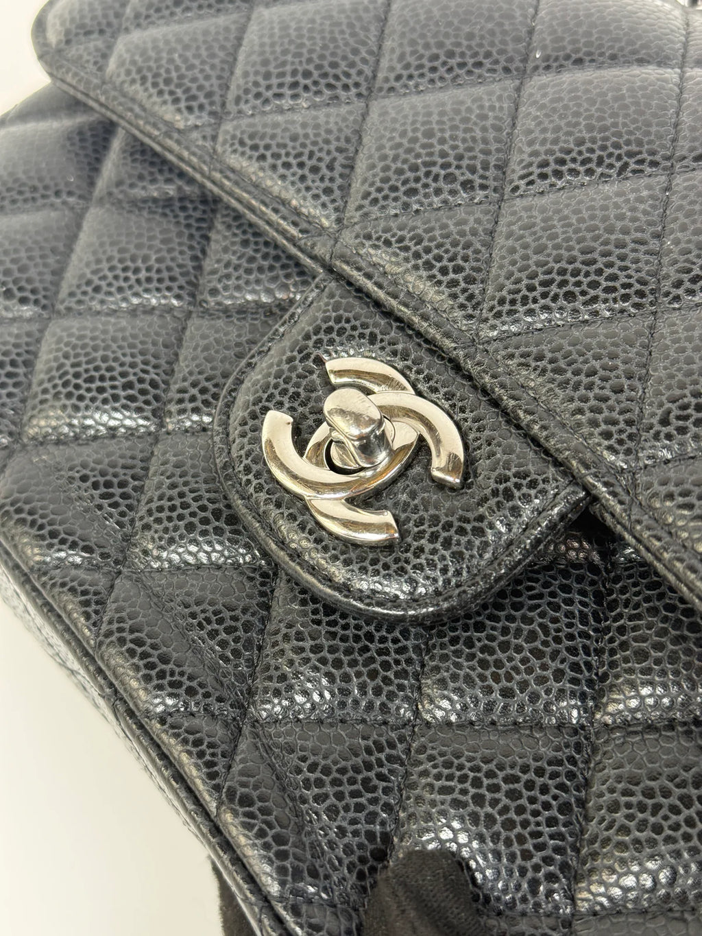 CHANEL SMALL CLASSIC DOUBLE FLAP IN BLACK CAVIAR LEATHER WITH SILVER HARDWARE