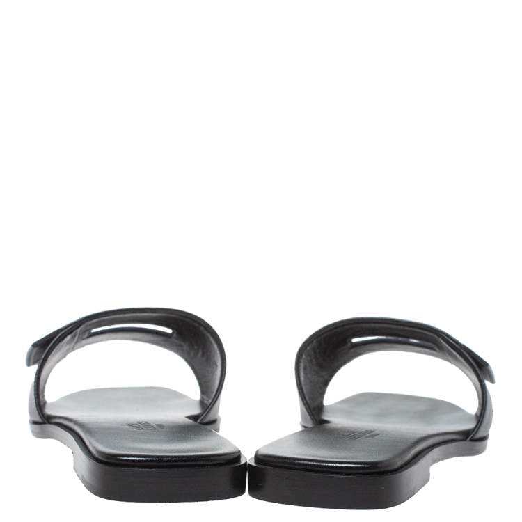 Hermes Black Leather View Slide Sandals Size 38
