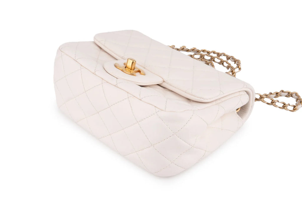 Chanel Quilted Pearl Crush Mini Square Flap Bag Lambskin White GHW