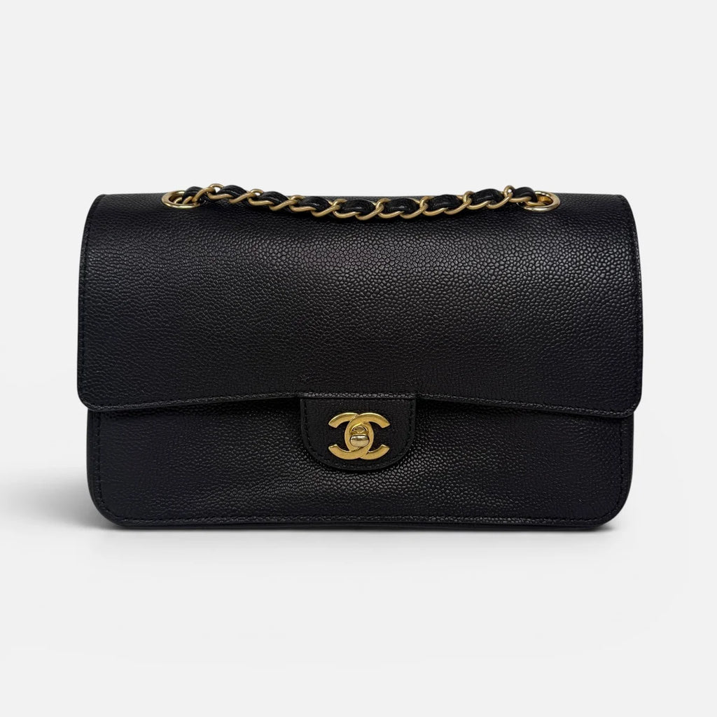 CHANEL MEDIUM PURE TIMELESS FLAP BLACK IN BLACK CAVIAR LEATHER WITH GOLD HARDWARE