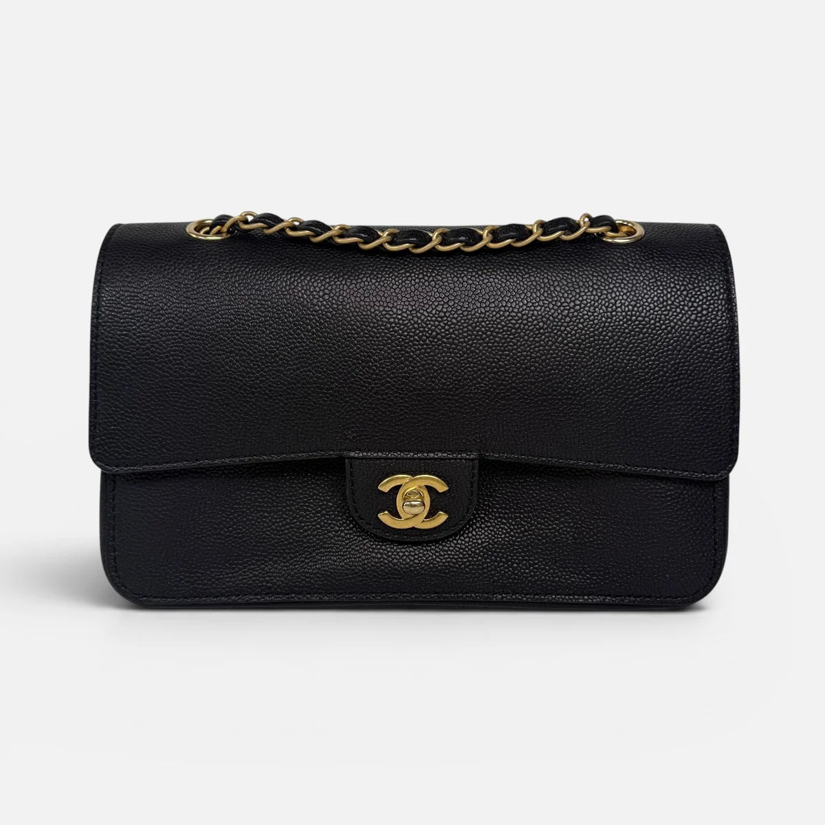CHANEL MEDIUM PURE TIMELESS FLAP BLACK IN BLACK CAVIAR LEATHER WITH GOLD HARDWARE