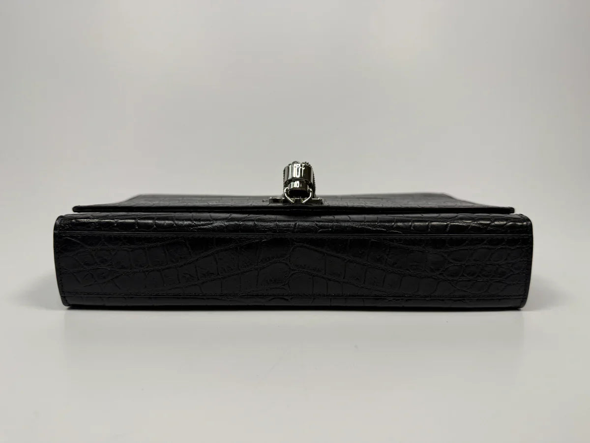 SAINT LAURENT BLACK CROC EMBOSSED KATE TASSEL BAG