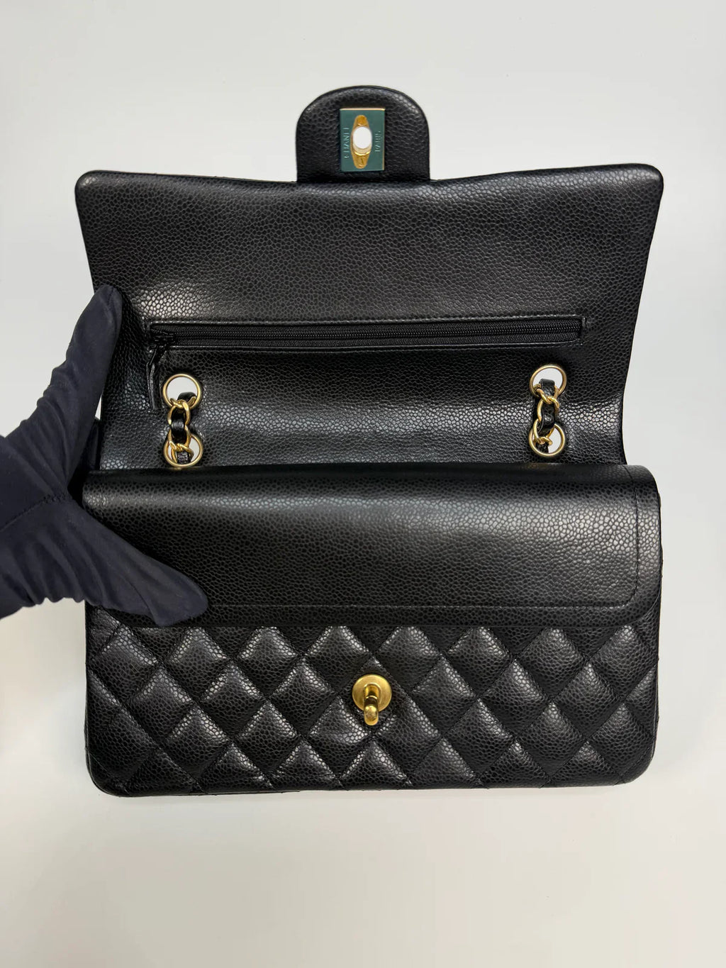 CHANEL MEDIUM CLASSIC DOUBLE FLAP BLACK CAVIAR LEATHER WITH GOLD HARDWARE