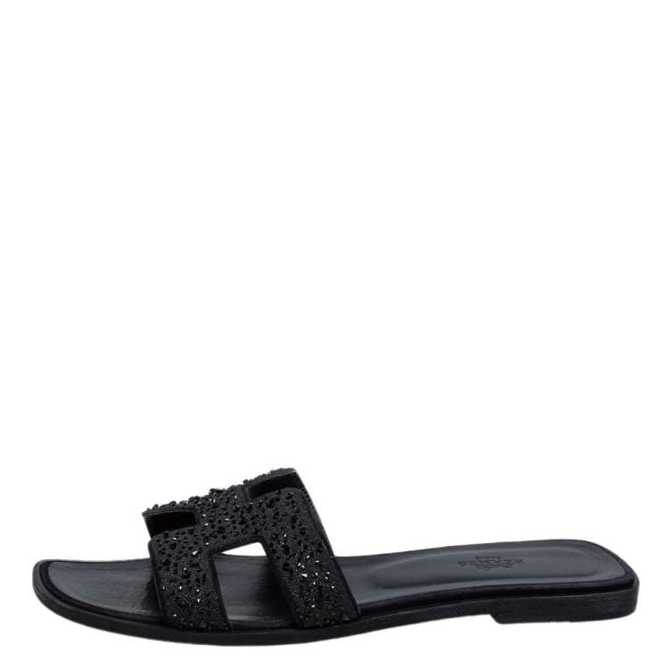 Hermes Black Crystal Embellished Suede Oran Sandals Size 39.5