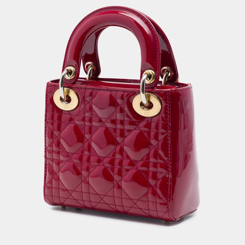 Christian Dior Mini Lady Dior Cherry Red Patent Calfskin Leather Top Handle Bag